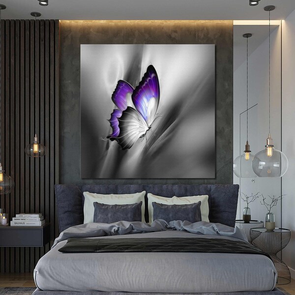 Art mural papillon gris et violet, reflets sur toile, décoration murale moderne, toile enroulée, oeuvre d'art sur toile, art mural encadré