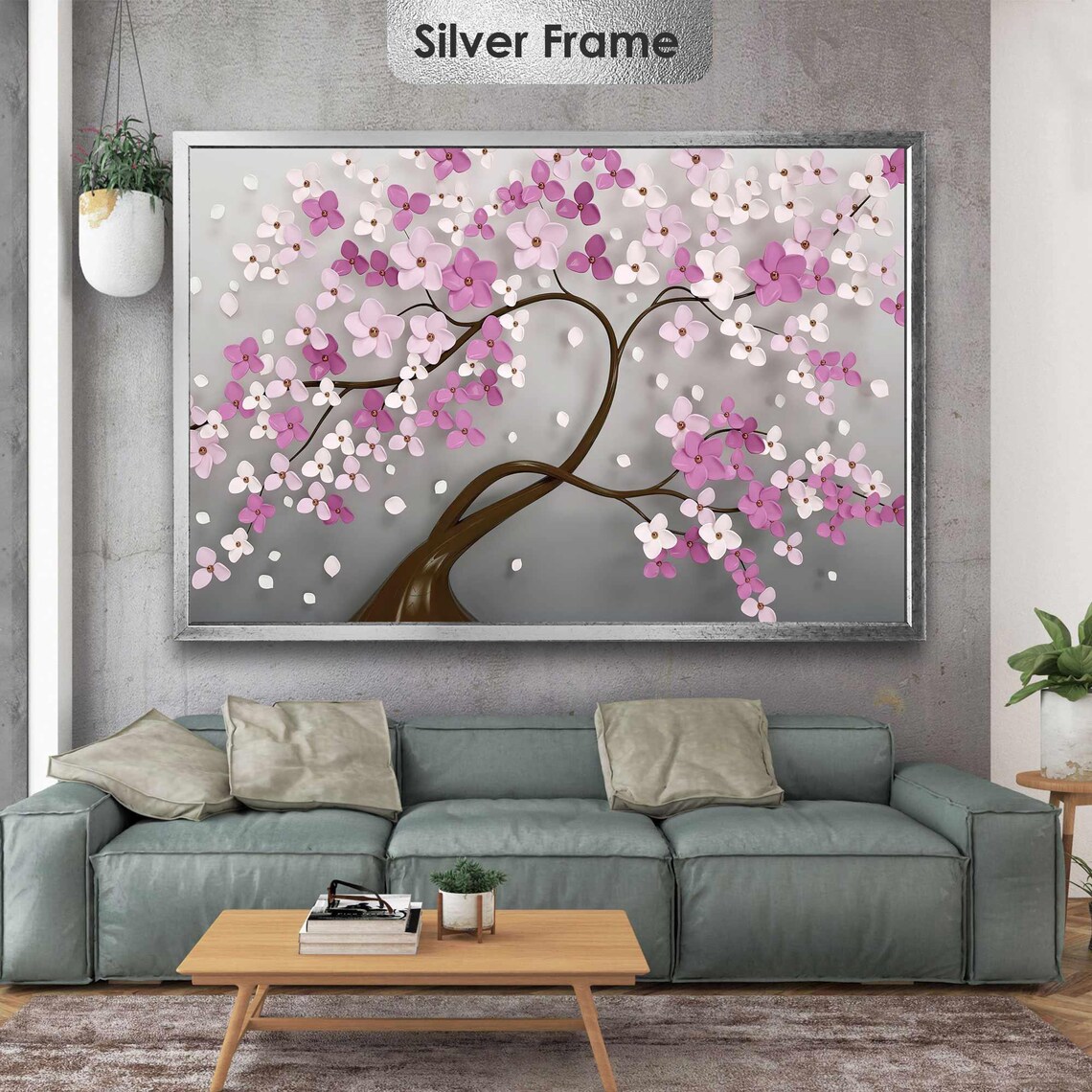 Pink Flower Wall Art, Porcelain Tree Canvas Art, Living Room Wall Decor ...