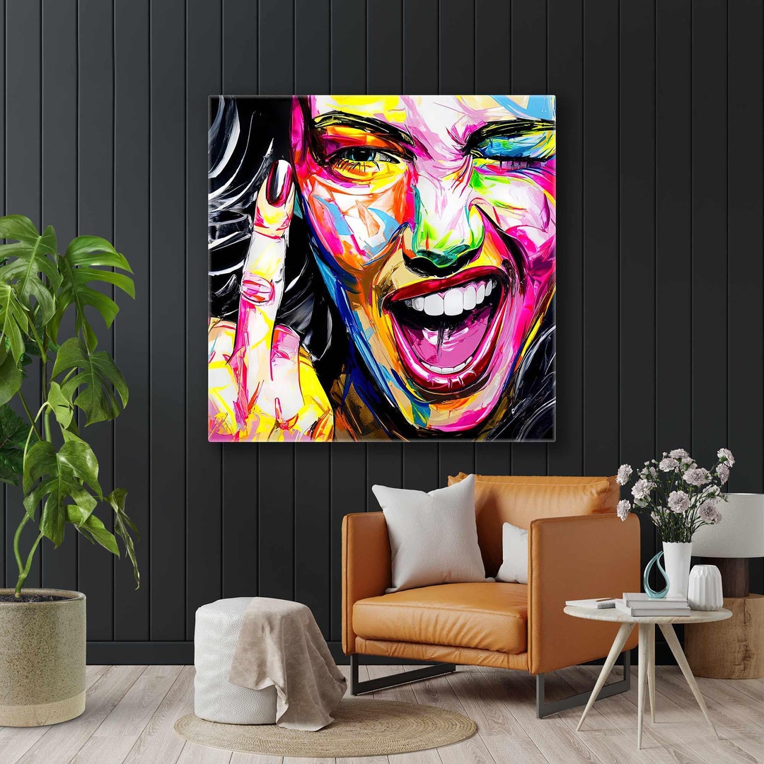Colorful Portrait of Woman Wall Art, Raising Finger Wall Decor, Roll up