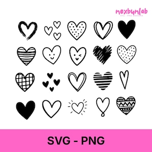 Op de afbeelding: Een verzameling zwart-witte hartontwerpen in verschillende stijlen, waaronder effen, omrand, gestippeld en gestreept. De afbeelding bevat de tekst "SVG - PNG" op een roze achtergrond en het logo "noxbunlab".