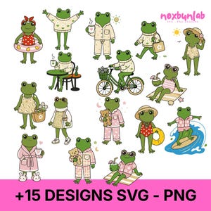 May include: A collection of 15 digital illustrations featuring green frogs in various activities, including swimming, cycling, surfing, and relaxing. The frogs wear clothing like pajamas, swimsuits, and sweaters. Text reads noxbunlab SVG PNG DESIGNS.