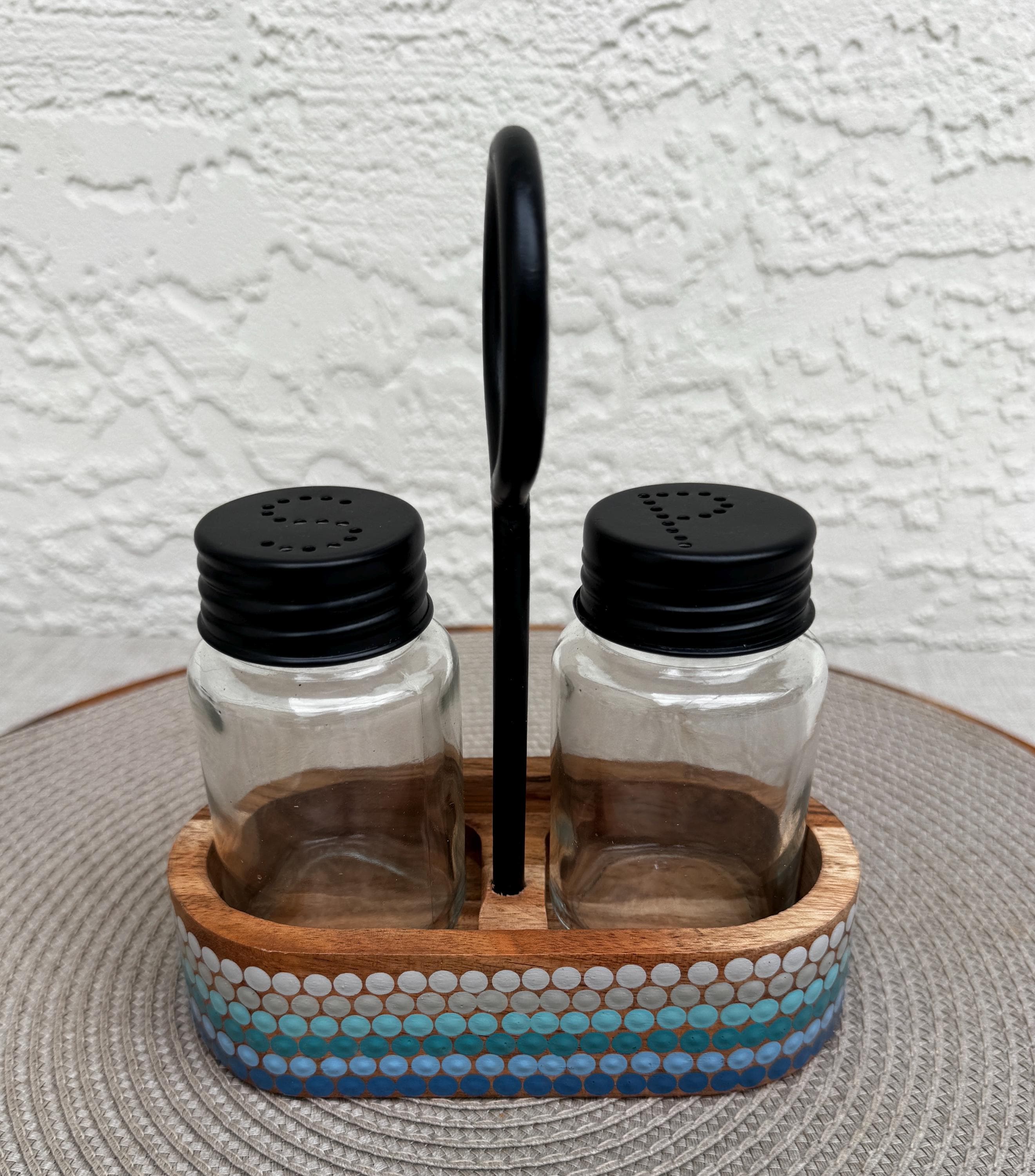 Hand Painted Acacia Wood Salt Pepper Shaker Set, Blue Ombre Dot Coastal Kitchen Decor