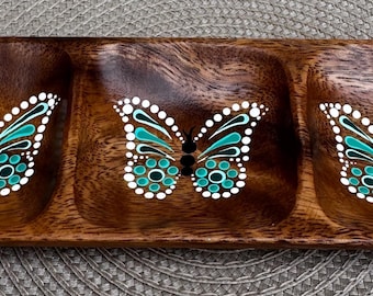 Butterfly Hand Painted Divided Dish, Acacia Wood Snack Tray, Jewelry Dish, Catchall Tray, Butterfly Decor, Coastal Gift
