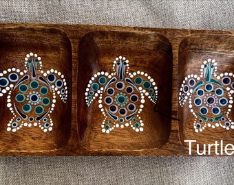 Hand Painted Sea Turtle Trio Divided Serving Tray/Acacia Wood