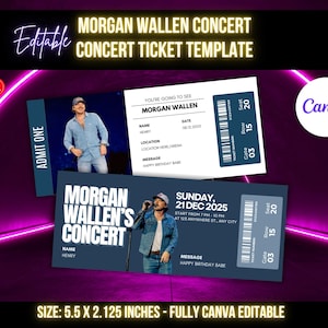 May include: Two concert ticket templates with a dark blue and white design. The tickets feature a photo of Morgan Wallen and include details like the date, time, and location. The text "Morgan Wallen Concert" is prominently displayed.
