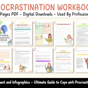 Könnte beinhalten: Ein farbenfrohes digitales Arbeitsbuch mit dem Titel "Mind Tools Procrastination Workbook" mit Illustrationen von Personen und Textfeldern zum Schreiben. Das Arbeitsbuch soll Menschen helfen, mit Prokrastination umzugehen.