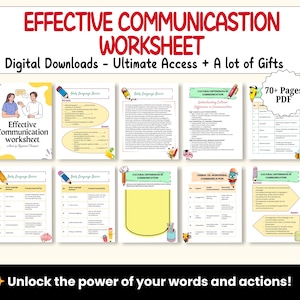 May include: A digital worksheet on effective communication, featuring sections on body language and cultural differences. The image displays multiple pages with text and illustrations. The text "70+ Pages PDF" is also visible.