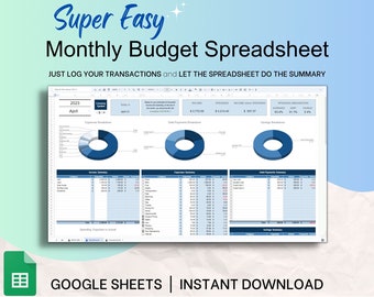 Modèle de feuille de calcul de budget mensuel Google Sheets, super facile, planificateur budgétaire, planificateur financier, suivi des dépenses, suivi des économies, bleu