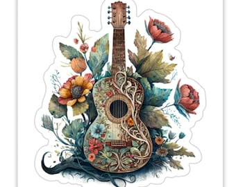Floral Gitarre Vinyl Aufkleber, wasserfest. Perfekt für Ihren Laptop, Wasserflasche, Gitarrenkoffer, Kühlbox oder überall, wo Sie sie ablegen möchten.