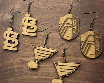 St. Louis Sport Teams Wooden Earrings | Cardinals, STL SC, Blues Accessories | STL Jewelry | Light Weight Earrings