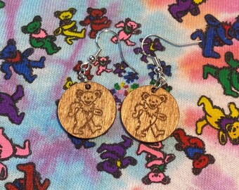 Wooden Engraved Grateful Dead Dancing Bear Earrings | Deadhead Accessories | Hippie Jewelry | Lasercut Jewelry | Music Inspired