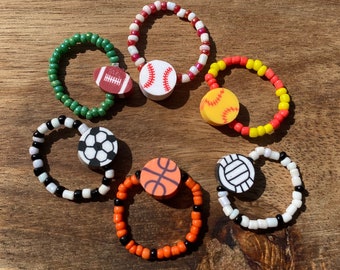 Sports Beaded Rings | Soccer, Basketball, Baseball, Softball, Football, Volleyball Jewelry | Gifts for Friends | Sport Team Accessories