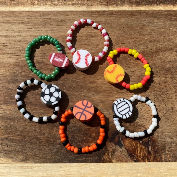 Sports Beaded Rings | Soccer, Basketball, Baseball, Softball, Football, Volleyball Jewelry | Gifts for Friends | Sport Team Accessories