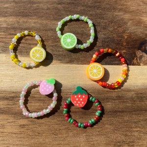 Fruit Beaded Rings | Strawberry, Lime, Lemon, Orange | Polymer Clay Jewelry | Gifts for Friends | Trendy Accessories