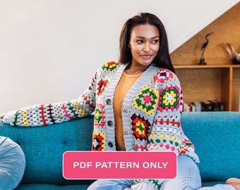 Crochet Granny Square Cardigan Pattern: Colorful Birdy Sweater (PDF Pattern)