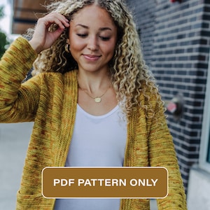 May include: A yellow and orange crochet cardigan with a white tank top underneath. The text "PDF PATTERN ONLY" is on a brown rectangle.