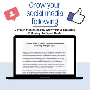 May include: A laptop computer screen displaying a blue and white graphic with the text "9 Proven Steps to Rapidly Grow Your Social Media Following: An Expert Guide". The text is in a white sans-serif font on a blue background. The graphic is surrounded by a white border.