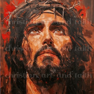 May include: A painting of a man with a crown of thorns on his head, looking up with a sorrowful expression. The painting is done in a realistic style with a focus on the man's face and expression.
