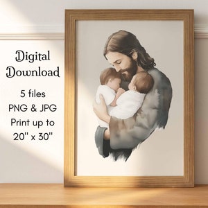 Puede incluir: Una pintura de acuarela de Jesús sosteniendo dos bebés en sus brazos. Los bebés están acurrucados cerca de él, y él los mira con amor. La pintura está hecha en colores suaves y apagados, y el efecto general es de paz y ternura.