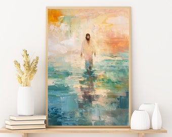 JESUS GEHT auf dem Wasser Gemälde von Jesus Christus auf dem Wasser gehen Wunder von Jesus Porträt Moderne christliche Wandkunst Katholische Kunst HLT Kunstwerk