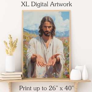 Jesus Christ with His Hands Open, Follow Christ Digital Download, Come Follow Me, Jesus Printable Painting, Catholic LDS Christian Artwork