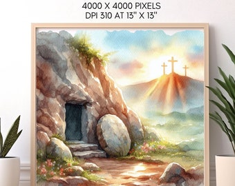 Easter Morning Watercolor Easter Digital Download for church flyer Empty Tomb Jesus is Risen PNG Watercolor Easter art Holy Week Good Friday