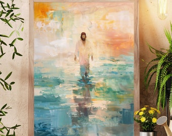 Jesus Walks on Water Miracle Print, Painting of Jesus Christ Walking on Water, Miracle of Jesus Portrait Modern Christian Wall Art