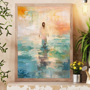 Stampa miracolosa di Gesù cammina sull'acqua, dipinto di Gesù Cristo che cammina sull'acqua, ritratto del miracolo di Gesù, arte murale cristiana moderna