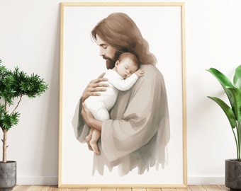 イエスと赤ちゃんのデジタル絵画、腕の中で安全に、水彩画のイエスのアート、生まれたばかりの赤ちゃん、流産と乳児の喪失、赤ちゃんイエスを抱くイエス