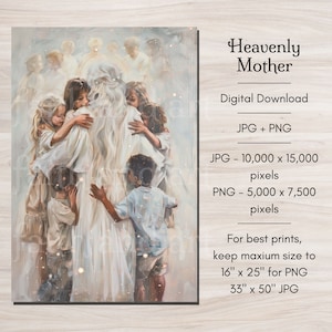 Heavenly Mother - a pictured dedicated to my Latter-day Saint family and friends. This picture shows Heavenly Mother from behind as she embraces her children. Her long white and silver hair hangs down her back, and she wears a beautiful white dress.