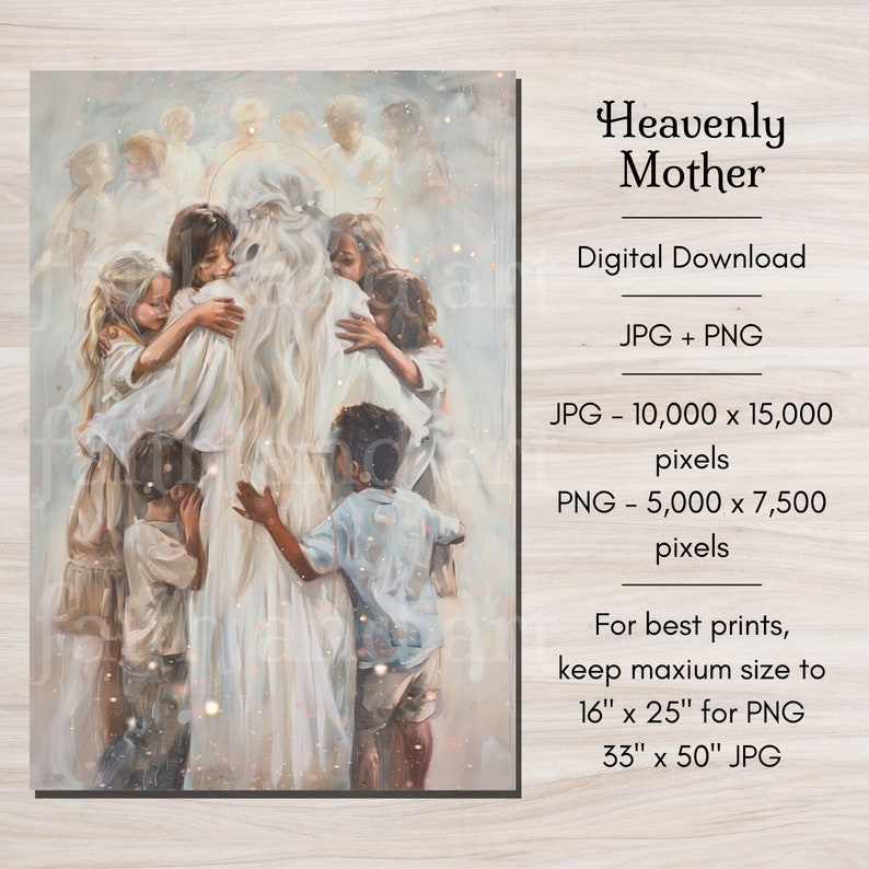 Heavenly Mother - a pictured dedicated to my Latter-day Saint family and friends. This picture shows Heavenly Mother from behind as she embraces her children. Her long white and silver hair hangs down her back, and she wears a beautiful white dress.