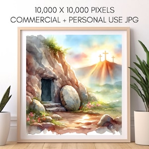 Puede incluir: Una pintura de acuarela que representa una tumba de piedra con una gran piedra redonda rodada, revelando una entrada oscura. La tumba está situada en la ladera de una colina con tres cruces en la cima, bañadas por una luz dorada. La escena está llena de colores vibrantes y una sensación de esperanza y renovación.