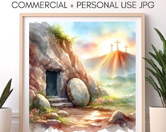 Easter Morning Watercolor Digital Download, Christian Empty Tomb Painting, Pascha Resurrection Sunday PNG, Holy Week Art, Christ is Risen