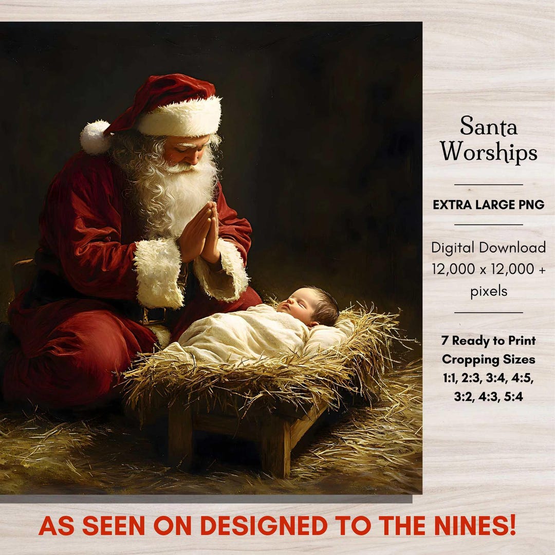 Santa Claus Praying to Jesus Christ Christian Christmas Digital Artwork, Santa Prayer Worship ...