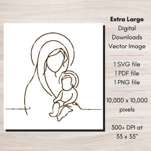 Mary and Jesus Line Art, Virgin Mary and Baby Jesus Vector, Christian Wall Art, Catholic Art, Holy Family, Jesus Painting, Religious Artwork