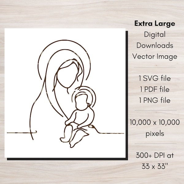 Mary and Jesus Line Art, Virgin Mary and Baby Jesus Vector, Christian Wall Art, Catholic Art, Holy Family, Jesus Painting, Religious Artwork
