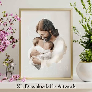 May include: A watercolor painting of Jesus holding two babies in his arms. The babies are sleeping peacefully and Jesus is looking down at them with love. The painting is done in soft colors and has a gentle, calming feel.