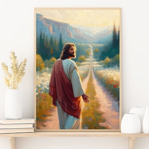 Caminando con Jesús, Caminaré con Cristo, Ven, sígueme, Camino por fe, pintura de Jesús, arte católico cristiano imprimible, arte mural SUD