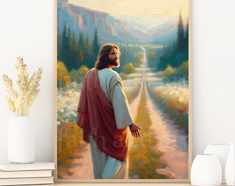 Gehen mit Jesus, ich werde mit Christus gehen, komm nach mir, ich wandere durch den Glauben, Jesus Malerei, christliche druckbare katholische Kunst, HLT Wandkunst