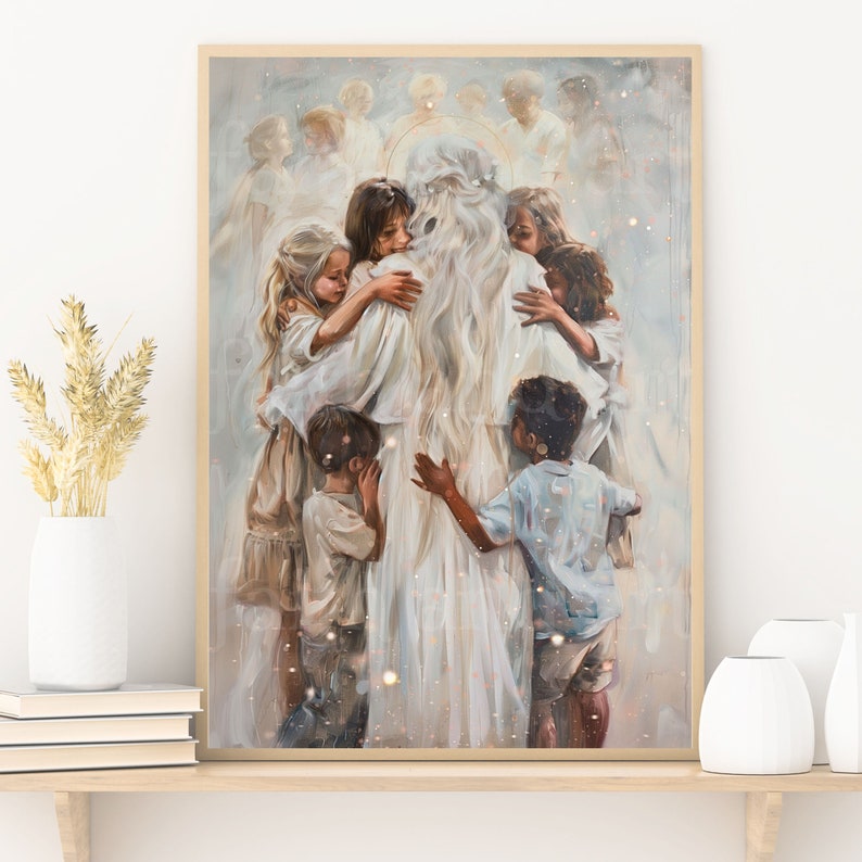 Heavenly Mother - a pictured dedicated to my Latter-day Saint family and friends. This picture shows Heavenly Mother from behind as she embraces her children. Her long white and silver hair hangs down her back, and she wears a beautiful white dress.