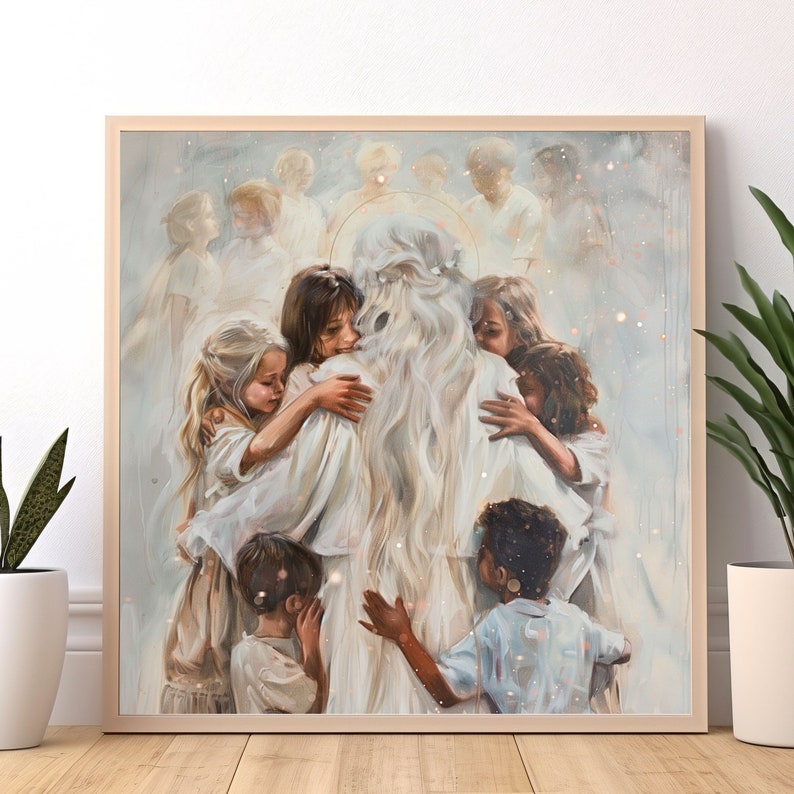 Heavenly Mother - a pictured dedicated to my Latter-day Saint family and friends. This picture shows Heavenly Mother from behind as she embraces her children. Her long white and silver hair hangs down her back, and she wears a beautiful white dress.