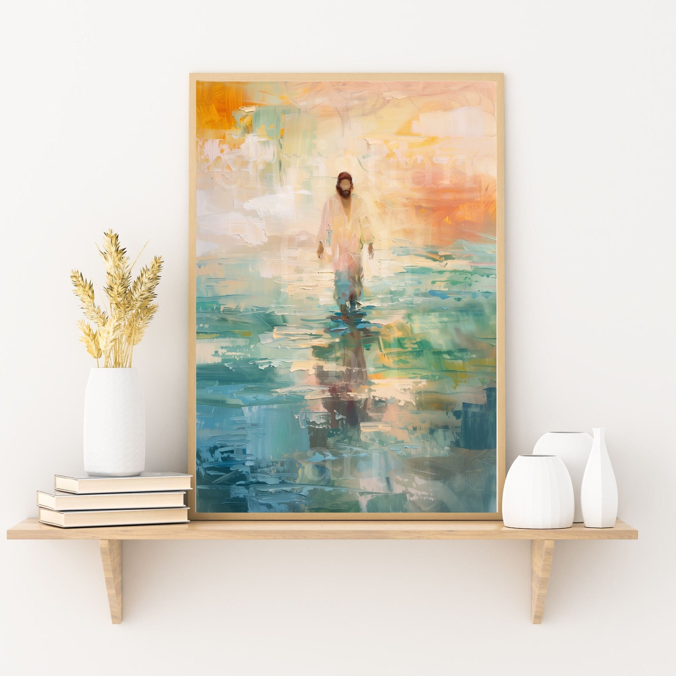 JESUS WALKS on Water Painting of Jesus Christ Walking on Water Miracle of Jesus Portrait Modern Christian Wall Art Catholic Art LDS Artwork