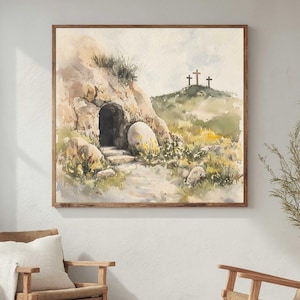 Ostermorgen Aquarell, Ostern Digitaler Download, Jesus Kunst, Leere Grabwand Kunst, Er ist auferstanden, Aquarell Ostern Kunst, XL christliche Kunstwerk