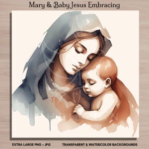 Aquarel Maria en baby Jezus digitale download, moeder Maria en pasgeboren Jezus Christus png, Madonna met kind, geboorte van Jezus, kerststal