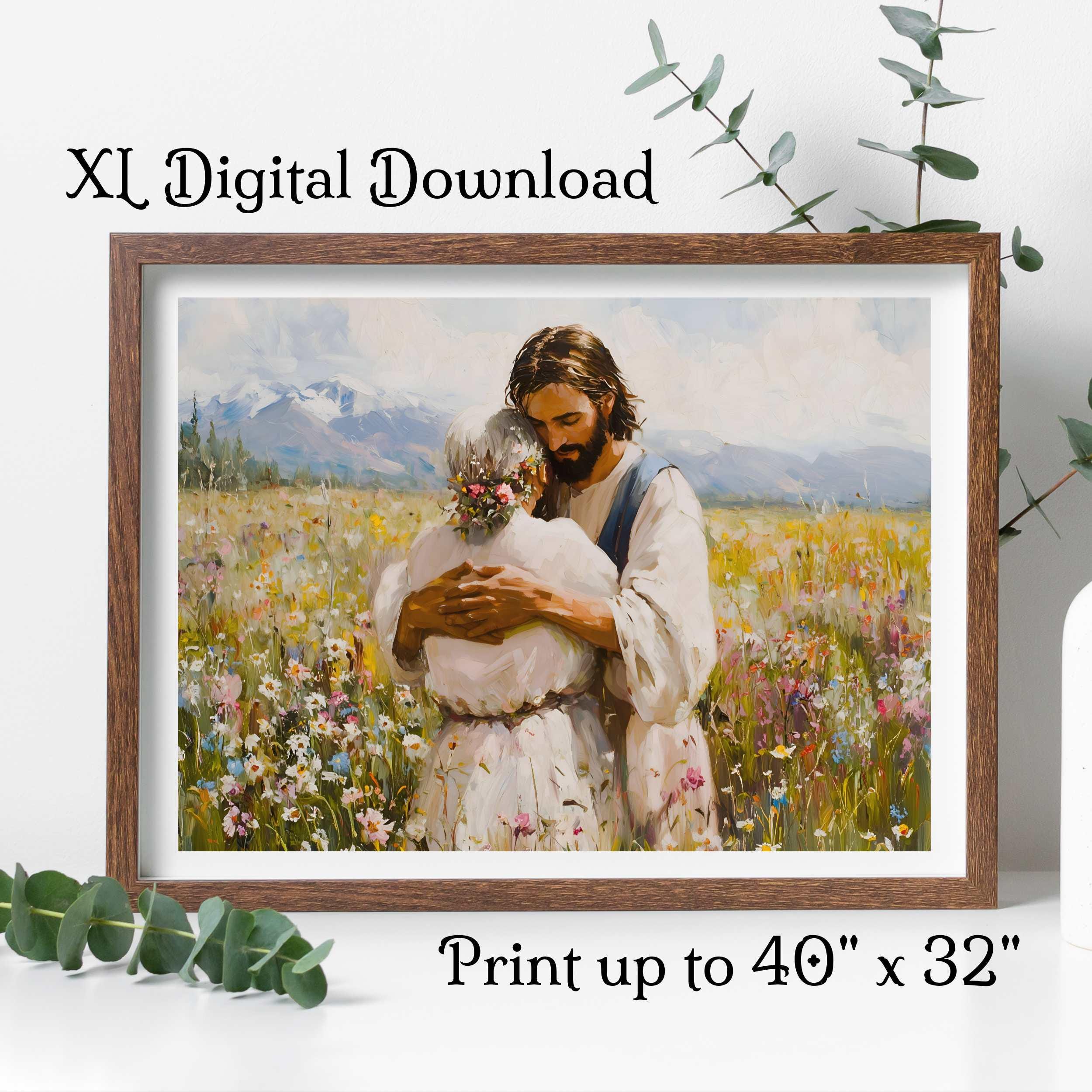 Jesus Christ & Older Woman Digital Painting, Grandmother Memorial Service Download, Christian LDS Catholic, Art for Funeral Sympathy Artwork