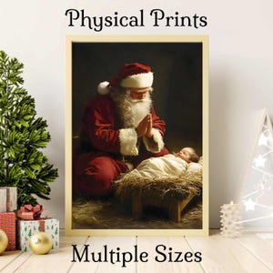 Póster impreso de Papá Noel orando a Jesucristo, decoración navideña cristiana para el hogar, impresión de Papá Noel y el Niño Jesús, obra de arte SUD, arte católico