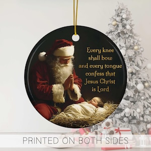 Santa Claus Praying to Jesus Christ Ornament, Christian Christmas Ceramic Ornament, Baby Jesus in Manger Reason for the Season Art