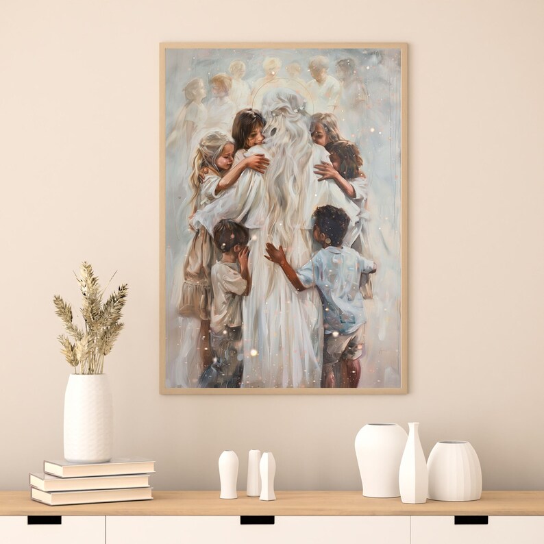 May include: A framed print depicts a tender scene of a figure in white robes embraced by children. The artwork features soft colors, with a focus on the figures and a halo effect. The children are of diverse ethnicities, creating a sense of unity.