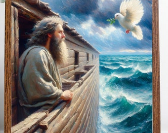 Noah Ark Dove pittura digitale stampabile, arte per la scuola biblica estiva della chiesa, Genesis Rainbow God's Promise the Flood Modern Christian Art