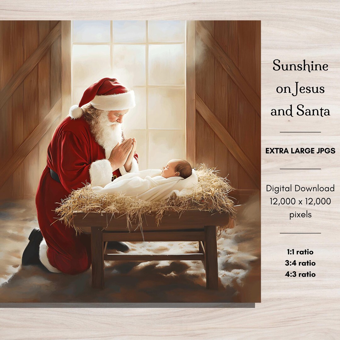 Santa Claus Praying to Jesus Christ Christian Christmas Digital Artwork, Santa Prayer Worship ...